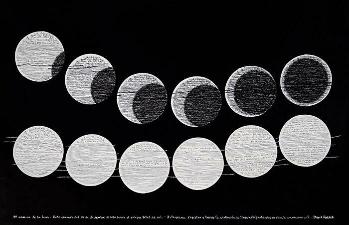 Rutagramas (registros y trazos con intención de línea recta dibujados en el auto en movimiento), realizados camino a la Escuela 44 de Neuquén  cerca de Piedra del Águila para observar el eclipse total de sol el 14 de diciembre de 2020.   Collage con impresiones y bordado sobre papel   