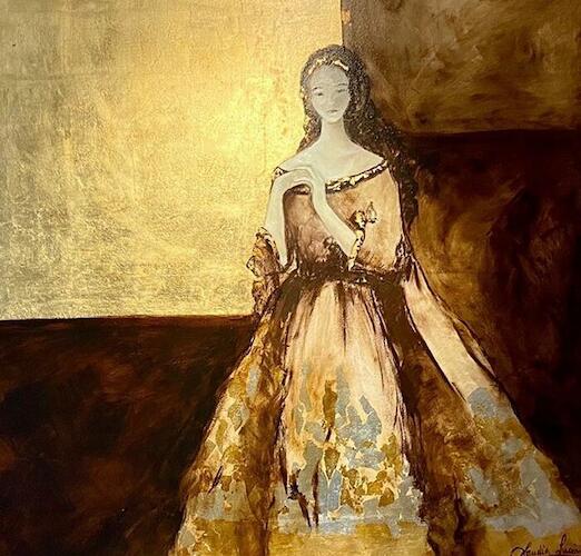 “Mujer de Oro” Oleo y láminas de oro  y plata 150 x 140 cm