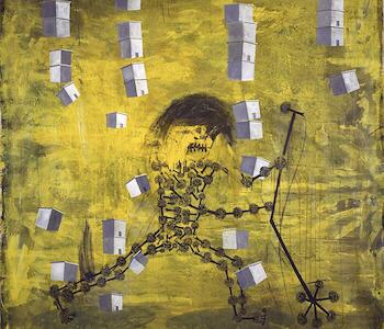 Martín Reyna  Buenos Aires, Argentina, 1964  "Ricky Rock interpretando Lluvia de casas", 1991  Técnica mixta sobre tela  178 x 180 cm  Donación del artista, 2024